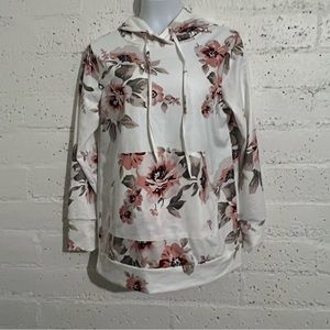 Relipop Womens Hoodie Pullover Top M White Pink Floral Kangaroo Pocket A18